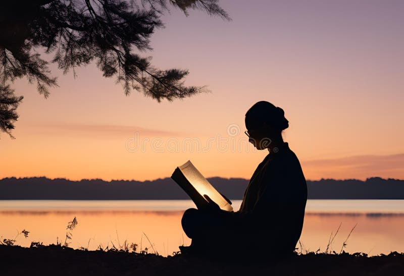 Silueta de una persona leyendo un libro en duskai ilustración del vector