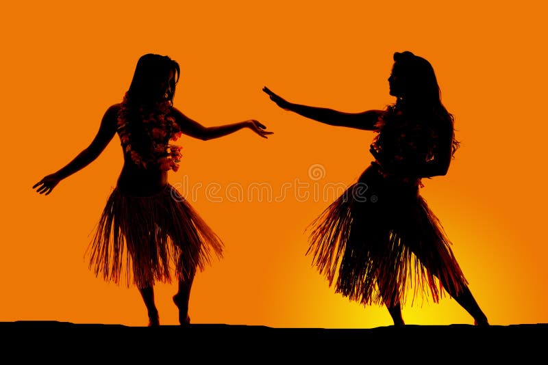 Silueta del baile hawaiano de las faldas de hierba de la mujer foto de archivo libre de regalías Silueta del baile hawaiano de las faldas de hierba de la mujer foto de archivo libre de regalías