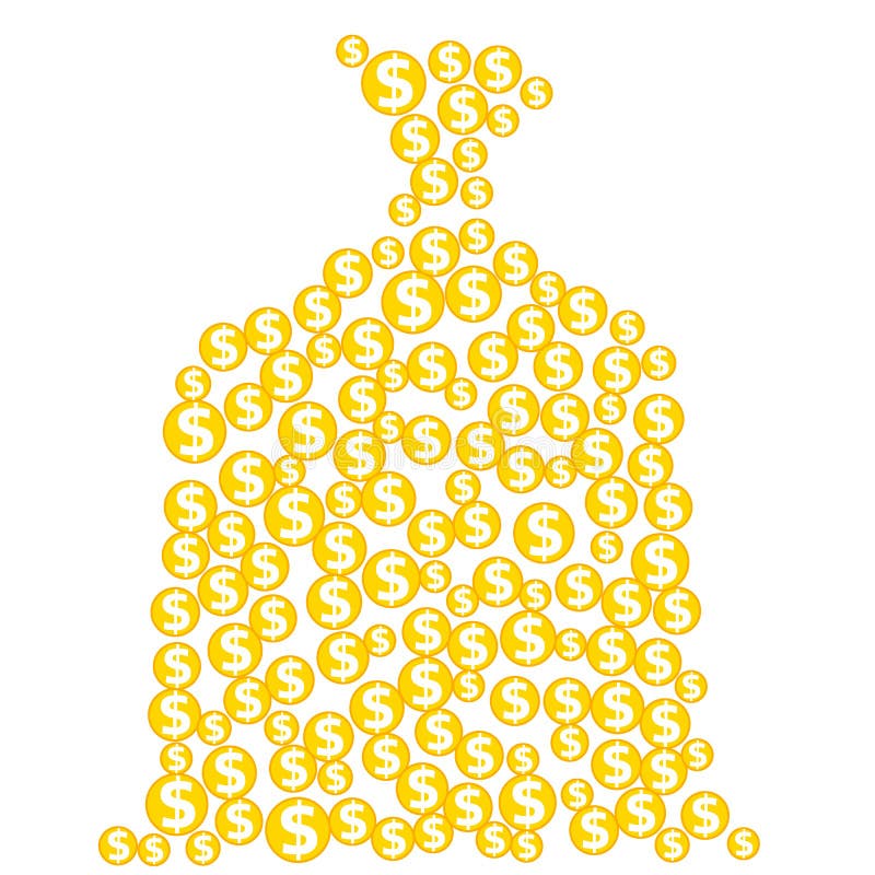 Silueta del bolso del dinero creada de monedas de oro con las muestras de dólar ilustración del vector Silueta del bolso del dinero creada de monedas de oro con las muestras de dólar ilustración del vector