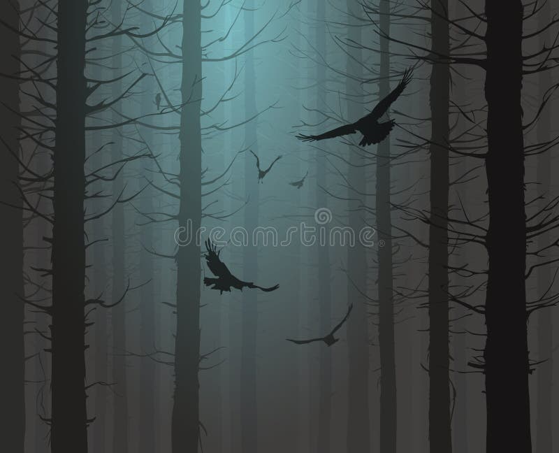 Silueta del bosque con los pájaros de vuelo