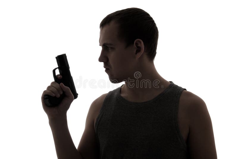 Silueta del hombre criminal que sostiene el arma aislado en blanco imágenes de archivo libres de regalías Silueta del hombre criminal que sostiene el arma aislado en blanco imágenes de archivo libres de regalías