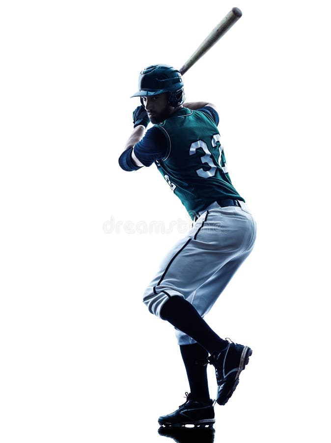 One caucasian man baseball player playing in studio silhouette isolated on white background. One caucasian man baseball player playing in studio silhouette isolated on white background