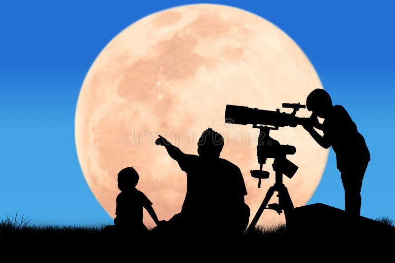 Silueta del niño pequeño que mira a través de un telescopio stock de ilustración Silueta del niño pequeño que mira a través de un telescopio stock de ilustración