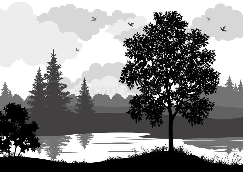 Silueta del paisaje, de los árboles, del río y de los pájaros stock de ilustración Silueta del paisaje, de los árboles, del río y de los pájaros stock de ilustración