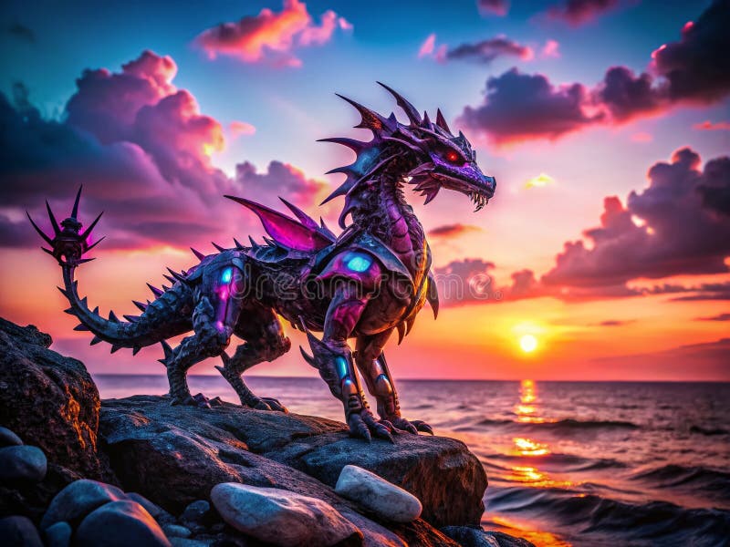 Silueta Dragonului Mecanic Mistic Plutește deasupra unei Stânci Stâncoase și Oceane Apus O fantezie uimitoare vector illustration