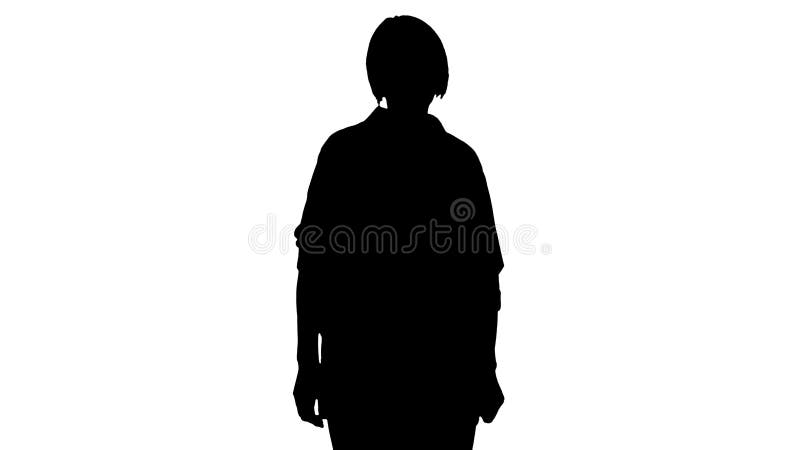 Silueta feliz mujer mayor en camisa blanca sonriendo a cámara. stock de ilustración