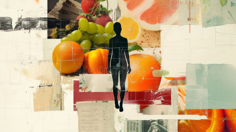 Silueta femeii cu fond vibrant de fructe. O operă de artă abstractă îndrăzneață care amestecă o siluetă a unei femei cu fructe vii precum portocale și struguri. Straturile texturate creează un vizual contemporan uimitor. AI generat.