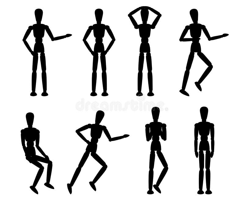 Silueta negra Colecci?n de madera del maniqu? Maniqu? con diversas actitudes Estilo plano de la historieta Ejemplo del vector ais stock de ilustración Silueta negra Colecci?n de madera del maniqu? Maniqu? con diversas actitudes Estilo plano de la historieta Ejemplo del vector ais stock de ilustración