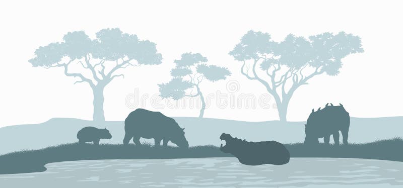 Silueta negra de la familia del hipopótamo Escena con los hipopótamos Paisaje de animales africanos salvajes Panorama de la saban libre illustration Silueta negra de la familia del hipopótamo Escena con los hipopótamos Paisaje de animales africanos salvajes Panorama de la saban libre illustration