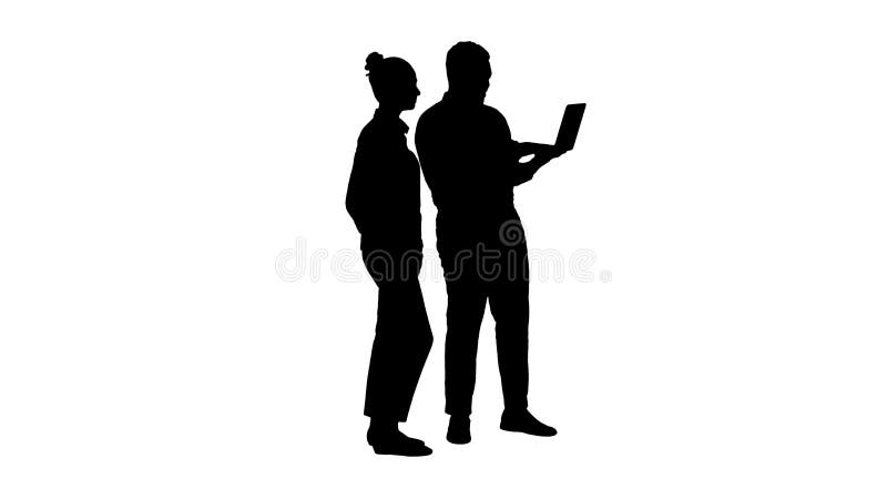 Silueta satisfecha de su hombre y mujer del trabajo que miran en el ordenador portátil libre illustration Silueta satisfecha de su hombre y mujer del trabajo que miran en el ordenador portátil libre illustration