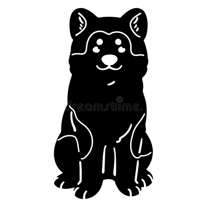 Silueta simple y adorable de un perro akita sentado frente a la vista con detalles ilustración del vector