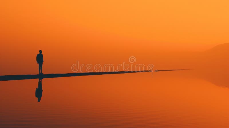 Silueta unei persoane la apus de soare cu reflexie pe apă royalty free stock photography