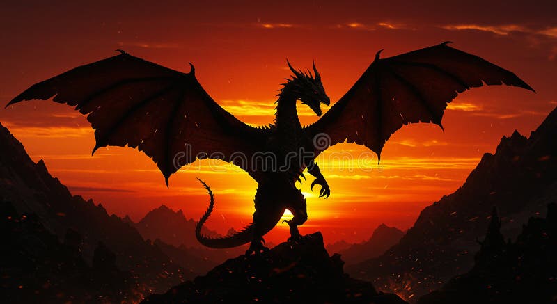 Silueta unui dragon care stă pe un vârf stâncos cu aripi întinse pe royalty free illustration