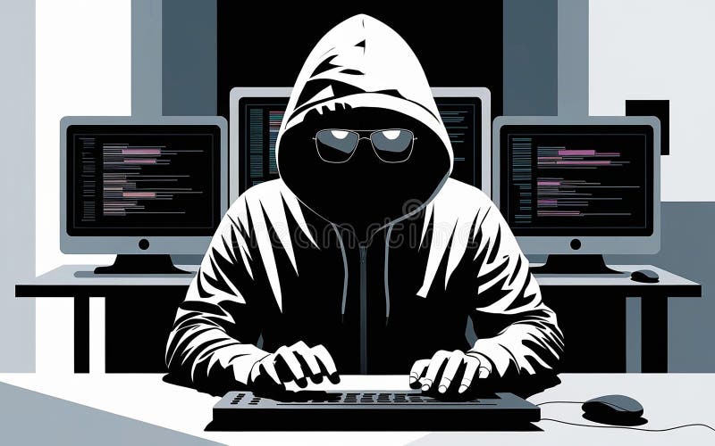 Silueta unui hacker cu glugă care lucrează pe mai multe calculatoare pe timp de noapte royalty free illustration
