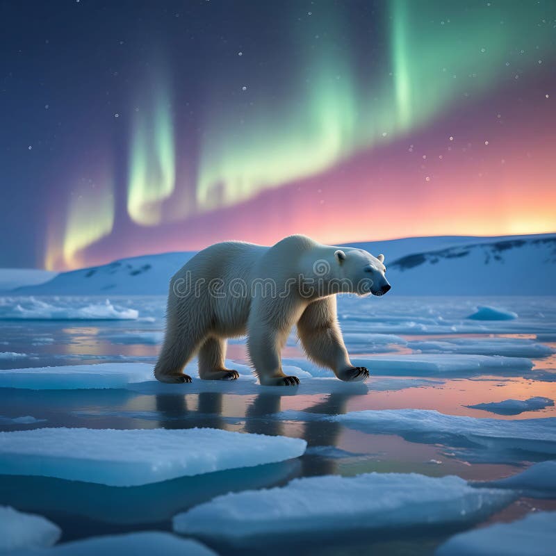 Silueta urșilor polari care merg pe gheață sub cerul aurora strălucitor stock illustration