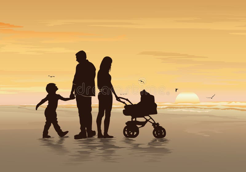 Siluetas de una familia feliz con sus niños en la playa stock de ilustración Siluetas de una familia feliz con sus niños en la playa stock de ilustración