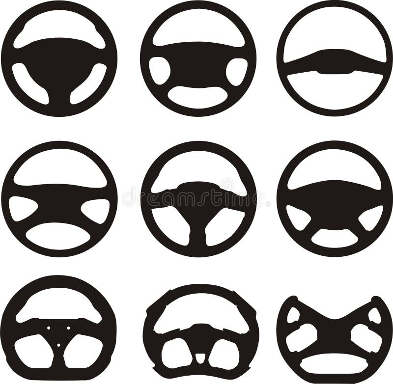 Black and white silhouettes of different types of steering wheels. Black and white silhouettes of different types of steering wheels.