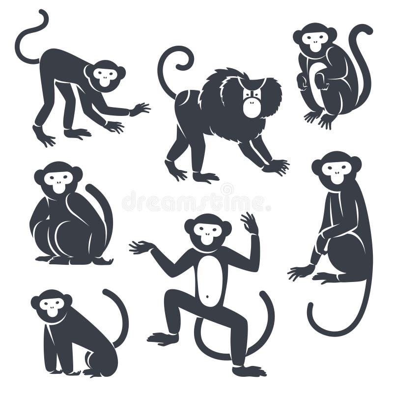 Siluetas Negras De Monos En Blanco Ilustración del Vector - de conjunto, silueta: 58462843