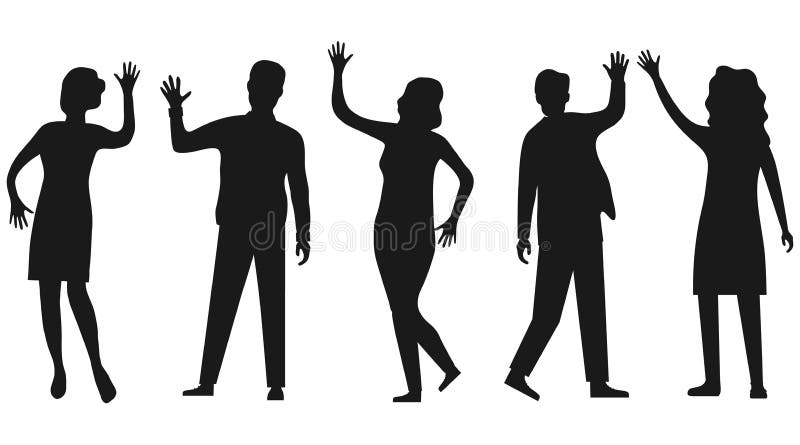 Siluete de oameni care fac cu mâna izolată pe alb. oamenii își flutură mâinile și se salută reciproc. desen vectorial royalty free illustration