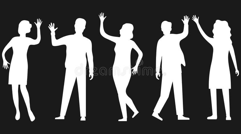 Siluete de oameni care fac cu mâna izolată pe negru. oamenii își flutură mâinile și se salută reciproc. desen vectorial vector illustration