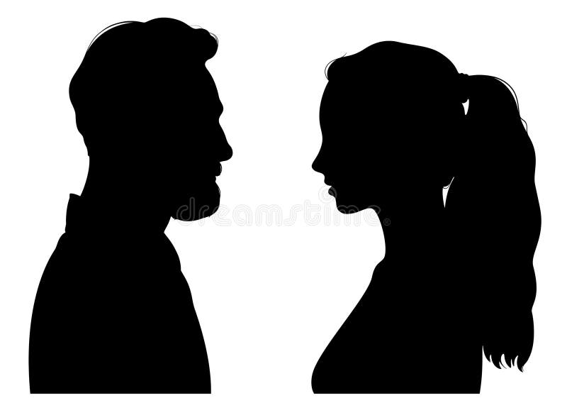 Siluete de tineri atrăgători și femei care se înfruntă între ele. portret de profil între ochi și ochi. stock illustration