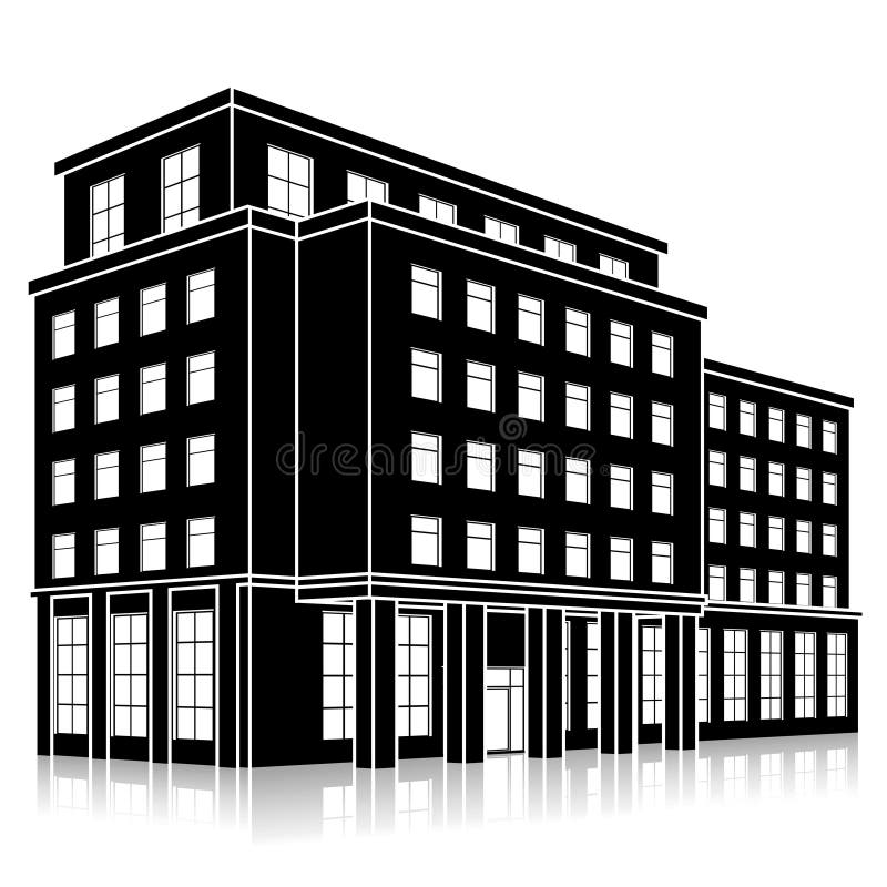 Siluetee el edificio de oficinas con una entrada y una reflexión ilustración del vector Siluetee el edificio de oficinas con una entrada y una reflexión ilustración del vector