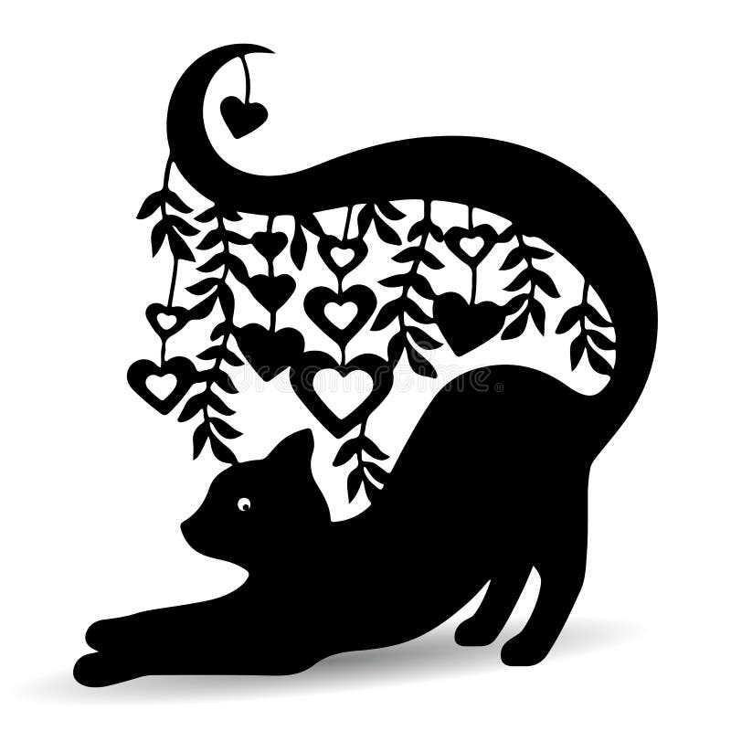 Siluetee el gato negro, adornado, con una cola larga donde los corazones ilustración del vector Siluetee el gato negro, adornado, con una cola larga donde los corazones ilustración del vector