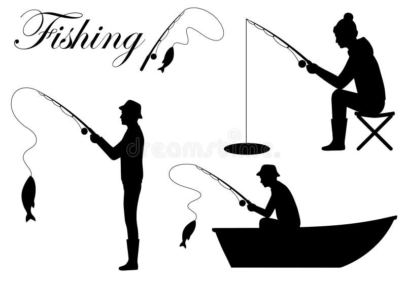 siluetee el icono del pescador, pescado de la catedral del hombre en la caña de pescar
