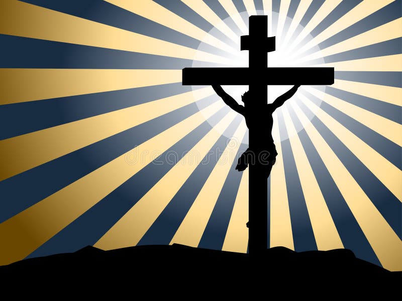 Siluetee la crucifixión de Jesús contra rayos del fondo de la luz ilustración del vector Siluetee la crucifixión de Jesús contra rayos del fondo de la luz ilustración del vector