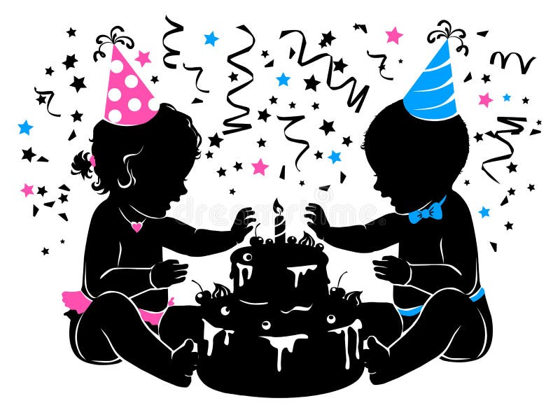 Siluetee a los gemelos de la muchacha del bebé con la torta de cumpleaños con la vela stock de ilustración Siluetee a los gemelos de la muchacha del bebé con la torta de cumpleaños con la vela stock de ilustración