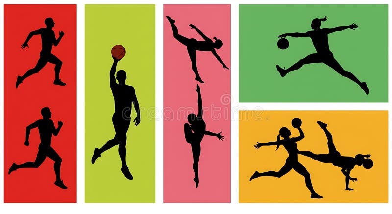 Siluetele sportivilor implicați în diferite activități sportive și sportive umplu cinci culori colorate vector illustration