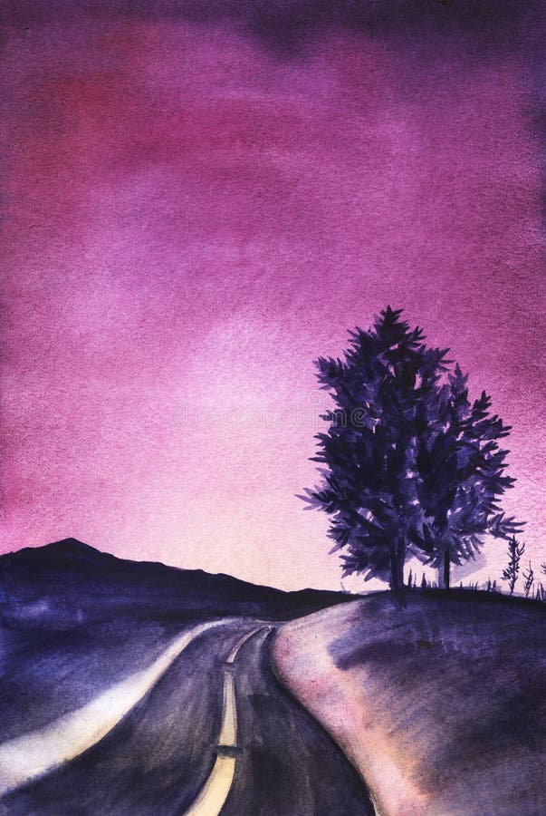 Siluetta blu scuro delle montagne e di due alberi su una collina su un cielo di pendenza dalla viola scura alla porpora luminosa royalty illustrazione gratis Siluetta blu scuro delle montagne e di due alberi su una collina su un cielo di pendenza dalla viola scura alla porpora luminosa royalty illustrazione gratis