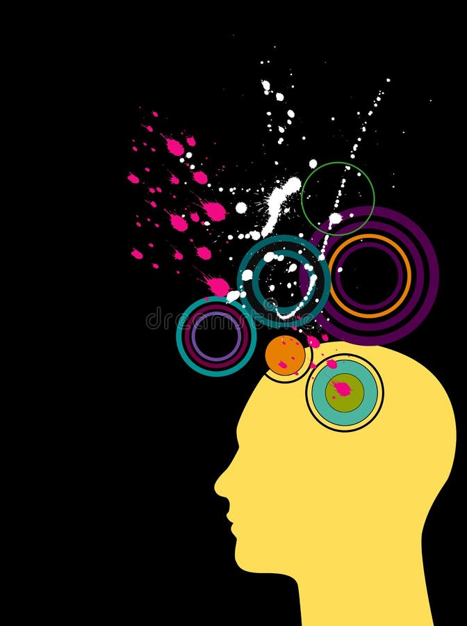 A grunge illustration of a head silhouette with circles and splatters to represent concepts in thought, creativity or other topics related to the mind. Available in vector format. A grunge illustration of a head silhouette with circles and splatters to represent concepts in thought, creativity or other topics related to the mind. Available in vector format.