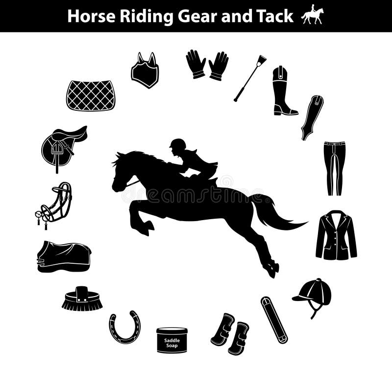 Siluetta del cavallo da equitazione della donna Icone dell'attrezzatura di sport equestre messe Accessori della puntina e dell'in