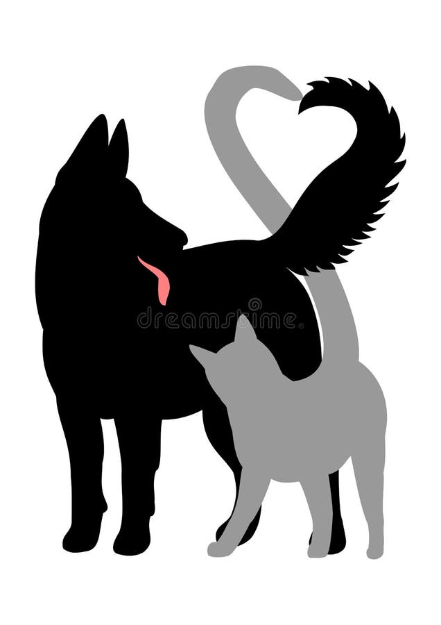 Siluetta del gatto e del cane, facente cuore con le loro code illustrazione vettoriale