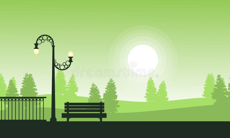 Siluetta del giardino a paesaggio di tramonto illustrazione di stock Siluetta del giardino a paesaggio di tramonto illustrazione di stock