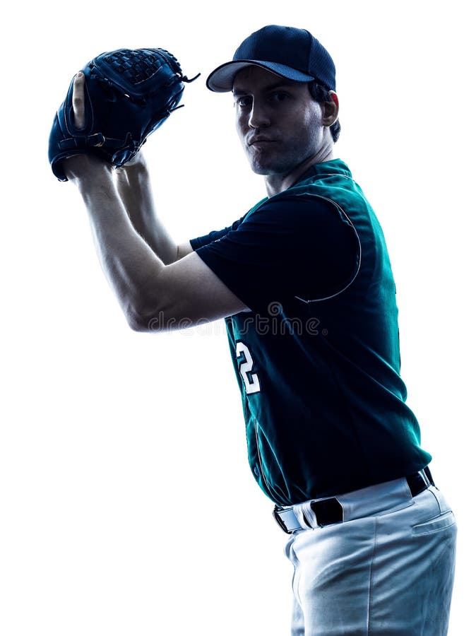Siluetta del giocatore di baseball dell'uomo isolata fotografie stock Siluetta del giocatore di baseball dell'uomo isolata fotografie stock