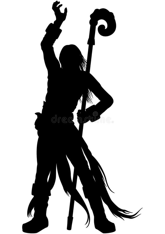 Illustration silhouette a wizard with a magic staff, casting spells. Illustration silhouette a wizard with a magic staff, casting spells