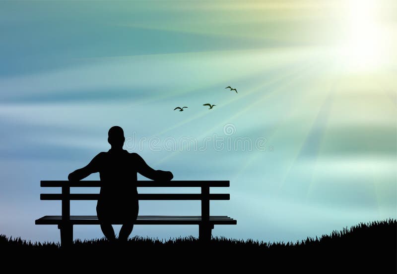 Siluetta dell'uomo che si siede da solo sul banco al tramonto ed al pensiero illustrazione di stock Siluetta dell'uomo che si siede da solo sul banco al tramonto ed al pensiero illustrazione di stock
