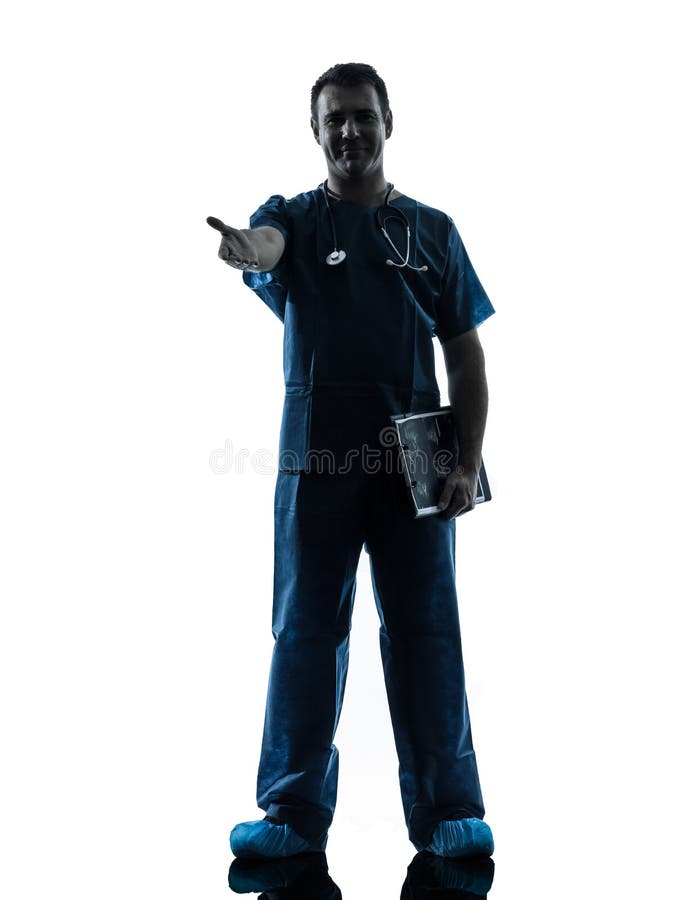 Siluetta dell'uomo di medico che sta integrale gesturing stretta di mano immagine stock Siluetta dell'uomo di medico che sta integrale gesturing stretta di mano immagine stock
