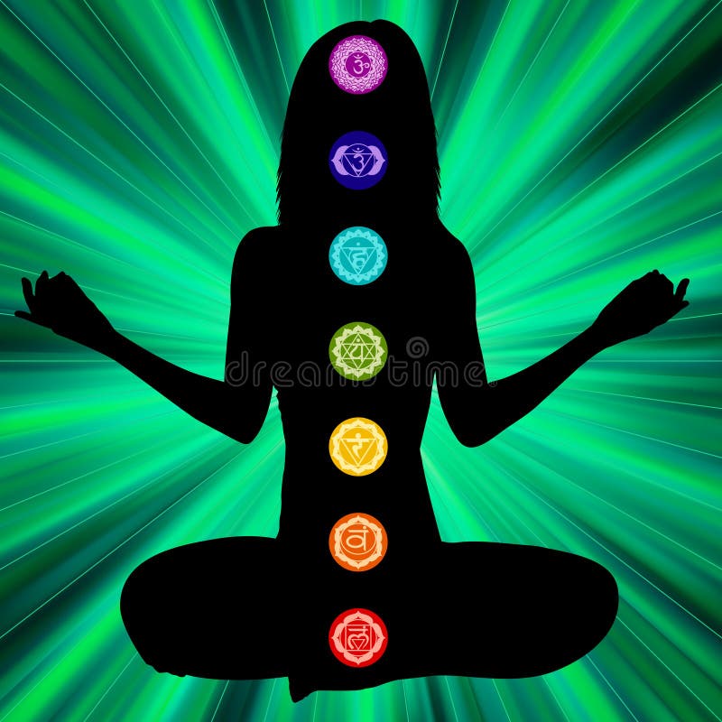 Siluetta della donna con i chakras qui sul corpo. EPS8 royalty illustrazione gratis Siluetta della donna con i chakras qui sul corpo. EPS8 royalty illustrazione gratis