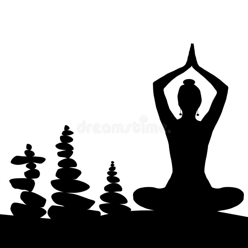 Siluetta della donna nella posizione di yoga ed in pietre equilibrate illustrazione di stock Siluetta della donna nella posizione di yoga ed in pietre equilibrate illustrazione di stock