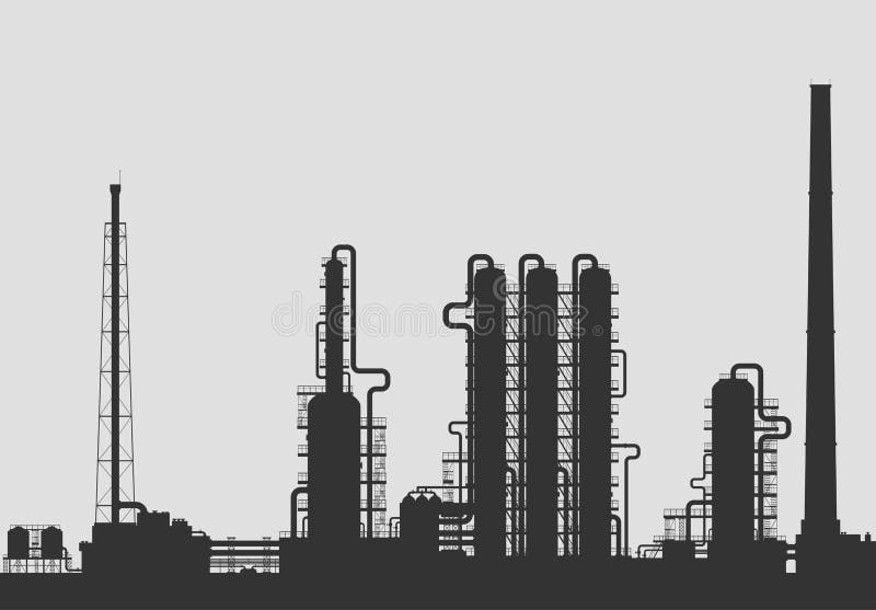 Siluetta della raffineria di petrolio o dello stabilimento chimico. illustrazione di stock Siluetta della raffineria di petrolio o dello stabilimento chimico. illustrazione di stock