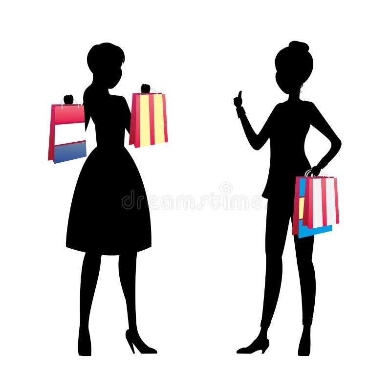 Siluetta delle ragazze di modo con la conversazione dei sacchetti della spesa illustrazione di stock Siluetta delle ragazze di modo con la conversazione dei sacchetti della spesa illustrazione di stock