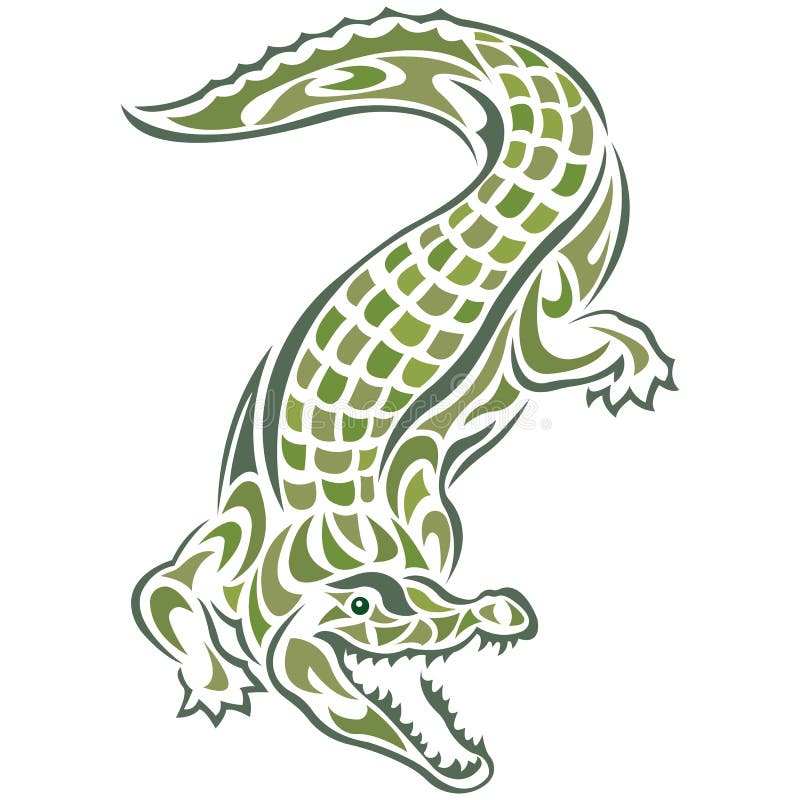 Siluetta di coccodrillo disegnata da varie linee verdi su fondo bianco isolato Tatuaggio, il logo della mascotte, un alligatore d