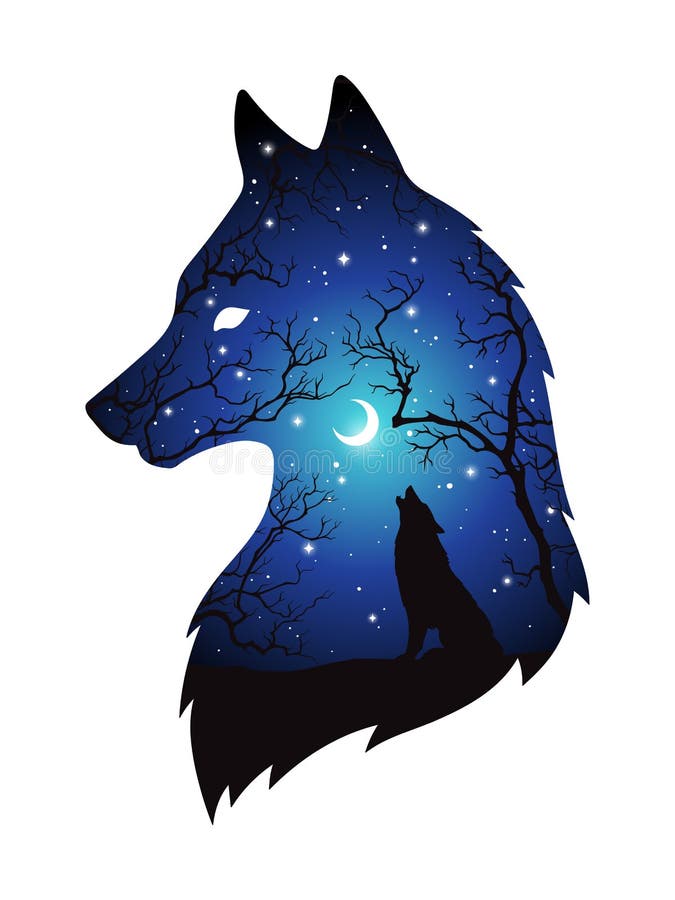 Siluetta di doppia esposizione del lupo nella foresta di notte