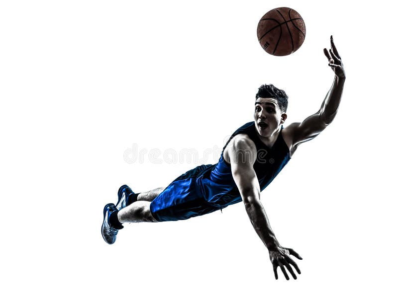 Siluetta di lancio di salto del giocatore di pallacanestro dell'uomo fotografie stock Siluetta di lancio di salto del giocatore di pallacanestro dell'uomo fotografie stock