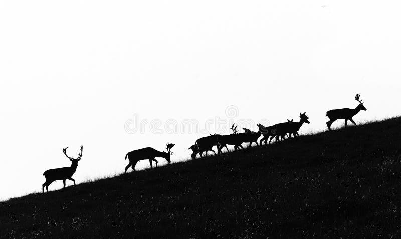 Siluetta di un branco di cervi che si arrampica su una collina fotografia stock libera da diritti