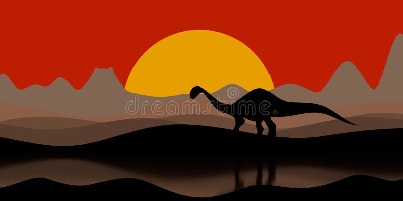 Siluetta di un dinosauro sulla sera di tramonto con un vulcano e le montagne sull'illustrazione del fondo 3D illustrazione di stock Siluetta di un dinosauro sulla sera di tramonto con un vulcano e le montagne sull'illustrazione del fondo 3D illustrazione di stock