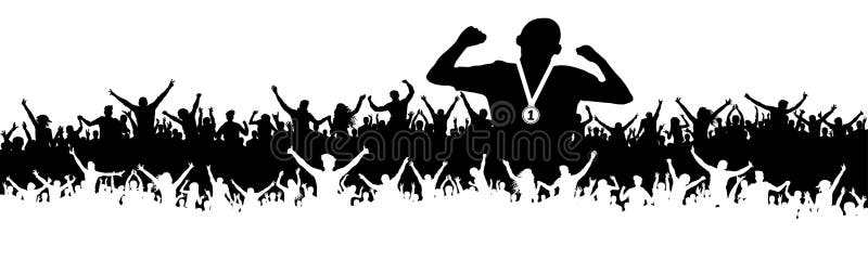 Siluetta di vittoria dell'uomo di sport Folla dei fan, incoraggiante Insegna, fondo di vettore illustrazione vettoriale Siluetta di vittoria dell'uomo di sport Folla dei fan, incoraggiante Insegna, fondo di vettore illustrazione vettoriale